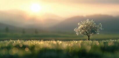 Lone Tree in Misty Field at Dawn photo
