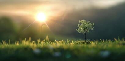 Lone Tree in Misty Field at Dawn photo