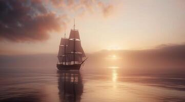 Sailboat at Sunset on a Misty Sea photo