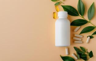 Pills and Leaves on a Peach Background photo