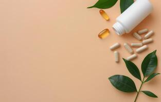 Pills and Leaves on a Peach Background photo