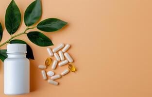 Pills and Leaves on a Peach Background photo