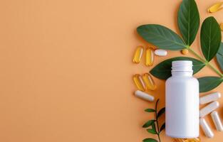 Pills and Leaves on a Peach Background photo