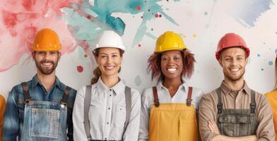 Smiling Construction Workers in Front of Pink Wall photo