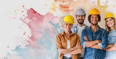 Smiling Construction Workers in Front of Pink Wall photo