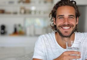 Man Drinking Water in Kitchen photo