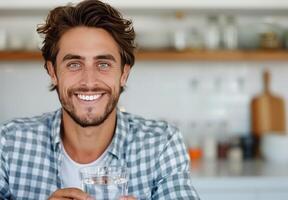 Man Drinking Water in Kitchen photo