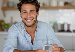 Man Drinking Water in Kitchen photo
