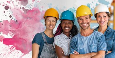 Smiling Construction Workers in Front of Pink Wall photo