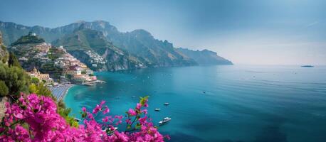 Amalfi Coast View With Bougainvillea photo