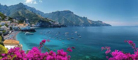 Amalfi Coast View With Bougainvillea photo