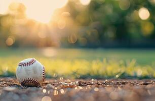 Baseball on the Field at Sunset photo
