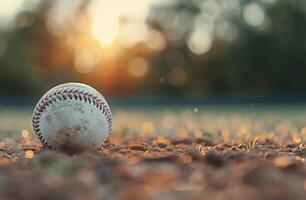 Baseball on the Field at Sunset photo