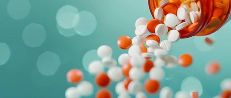 Pills Spilling From Bottle On Blue Background photo