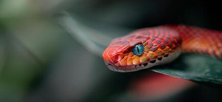 Red Snake With Blue Eyes on a Leaf photo