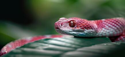 Red Snake With Blue Eyes on a Leaf photo