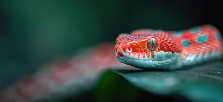 Red Snake With Blue Eyes on a Leaf photo