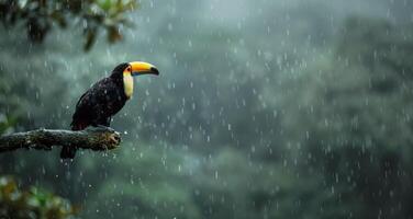 Toucan Perched on Branch in Rain photo