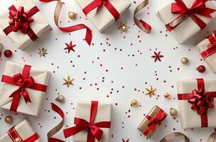 White Gift Boxes With Red Ribbons and Stars photo