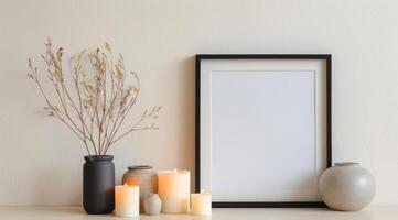 Black Frame, White Flowers, and Candles on Shelf photo