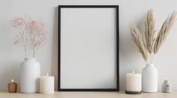 Black Frame, White Flowers, and Candles on Shelf photo