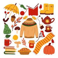 Autumn. A set of simple flat illustrations pumpkin,sweater,candle,falling leaves,mushroom.Hello autumn. Collection of fall season scrapbooking elements. vector