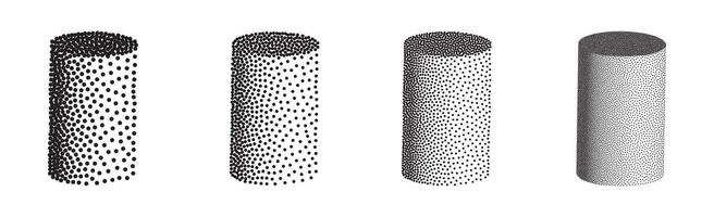 Set of 3D cylinders in halftone dotwork style. illustration vector