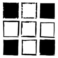 Set of grunge black stickers, borders isolated on white background. A group of labels with uneven rough edges drawn with an ink brush. Design elements, 9 square frames vector