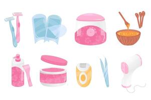 Depilation tools mega set elements in flat cartoon graphic design. Bundle objects of shave razor, waxing, sugaring, hair removal cream, epilator, tweezers, photoepilation, other. illustration. vector