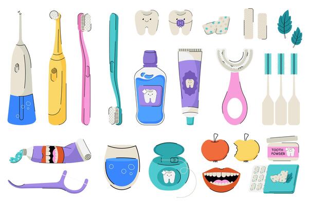 Teeth care tools mega set elements in flat cartoon graphic design. Bundle objects of tooth brushes, chewing gum, whitening strips, mint, toothpaste, dental floss, mouth, other. illustration.