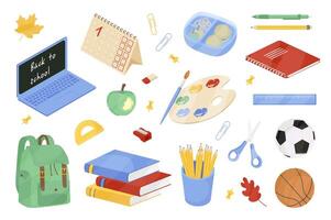 School items mega set elements in flat cartoon graphic design. Bundle objects of autumn leaf, calendar, laptop, stationery, lunch box, books, notebook, apples, backpack, other. illustration. vector