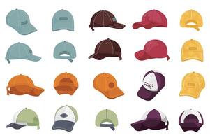 Baseball caps mega set elements in flat cartoon graphic design. Bundle objects of sports hats with visors in front, back and side views. Headwear accessory for man, woman, kids. illustration. vector