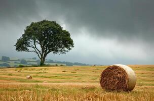 Rural Field With Hay Bales and a Single Tree photo