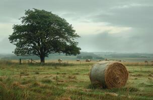 Rural Field With Hay Bales and a Single Tree photo