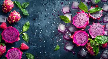 Dragon Fruit Slices With Ice and Mint photo
