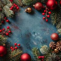 Christmas Ornament Border on Blue Background photo