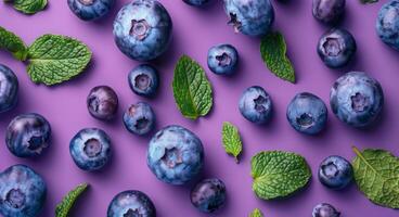 Blueberries and Mint on Purple Background photo