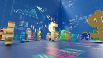 mundo moneda símbolo para intercambiar Velocidad y inversión, 3d representación video