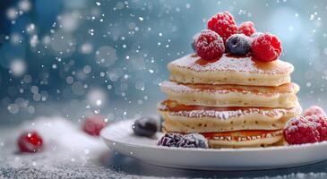 Stack of Pancakes With Powdered Sugar and Raspberries photo