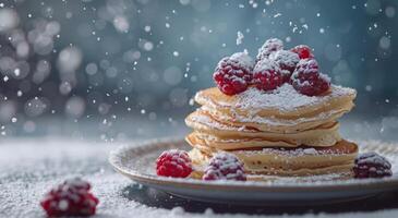 Stack of Pancakes With Powdered Sugar and Raspberries photo