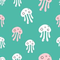 Jellyfishes seamless pattern flat . Cute cartoon style sea and ocean creature, animal. Symmetrical square composition, for print design, wallpaper, wrapping paper or web. vector