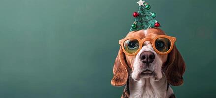 Beagle Wearing Christmas Hat and Glasses photo