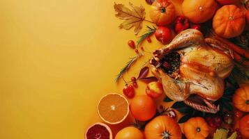 Autumn Leaves and Pumpkins on Orange Background photo