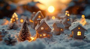 Miniature Village in Snowy Landscape at Sunset photo