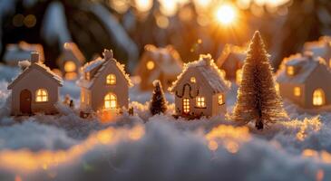Miniature Village in Snowy Landscape at Sunset photo