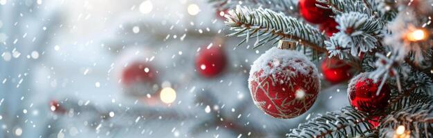 Red Ornament On Snowy Christmas Tree photo