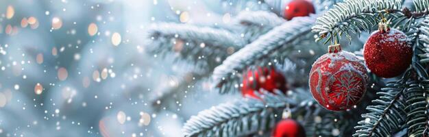 Red Ornament On Snowy Christmas Tree photo