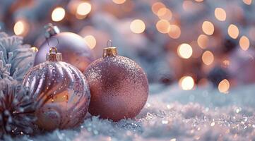 Festive Ornaments in Snowy Setting photo