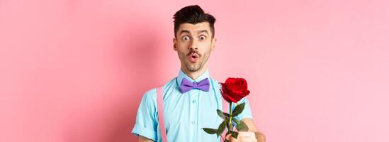 Valentines day and romance concept. Cute man in bow-tie giving red rose to you and looking with sympathy, standing on romantic pink background photo