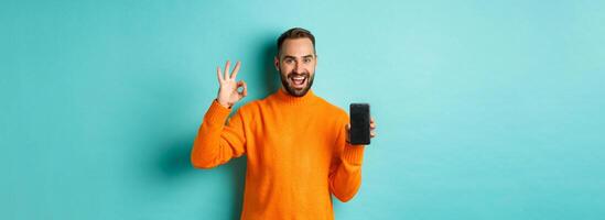 Photo of caucasian man showing mobile screen and okay sign, approve online store, smartphone app, standing satisfied over light blue background